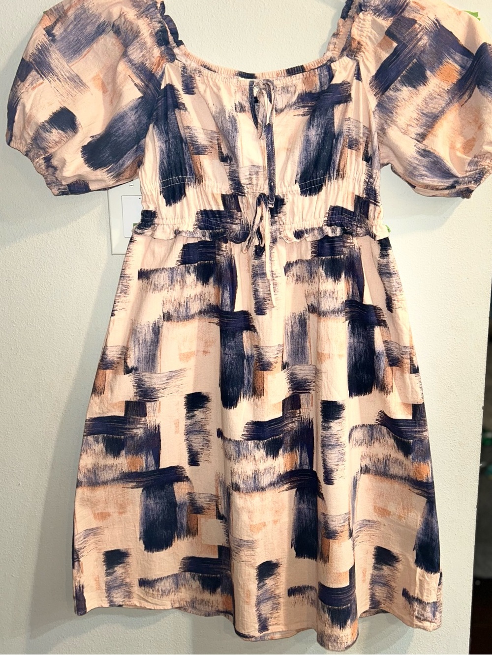 Universal Thread Abstract Brushstroke Puff Sleeve Midi Dress Pockets Pink Blue M